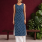Blue Rayon Kurta with Hand-Drawn Chevron Stripe Print & Round Neckline — front view