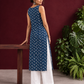 Blue Rayon Kurta with Hand-Drawn Chevron Stripe Print & Round Neckline — back view