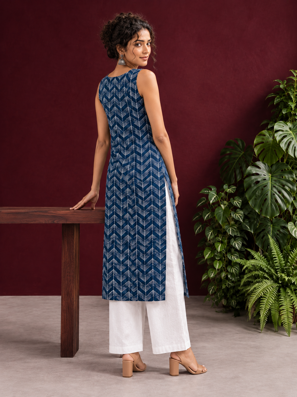 Blue Rayon Kurta with Hand-Drawn Chevron Stripe Print & Round Neckline — back view