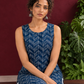 Blue Rayon Kurta with Hand-Drawn Chevron Stripe Print & Round Neckline — seated detail