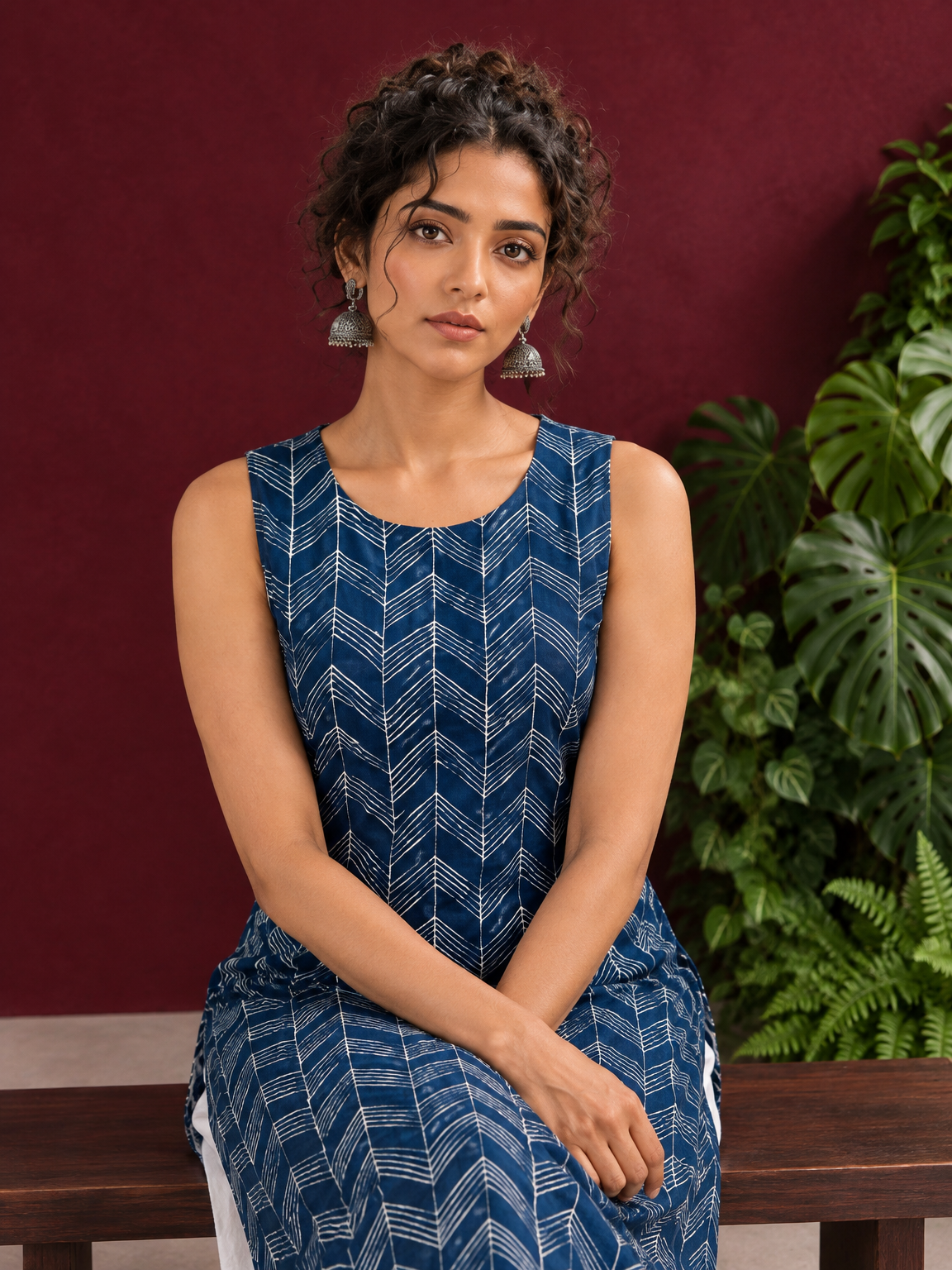 Blue Rayon Kurta with Hand-Drawn Chevron Stripe Print & Round Neckline — seated detail