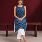 Blue Rayon Kurta with Hand-Drawn Chevron Stripe Print & Round Neckline — seated