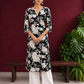 Classic Black Rayon Kurta with White Floral Print and Contrast Notched Neckline — front view