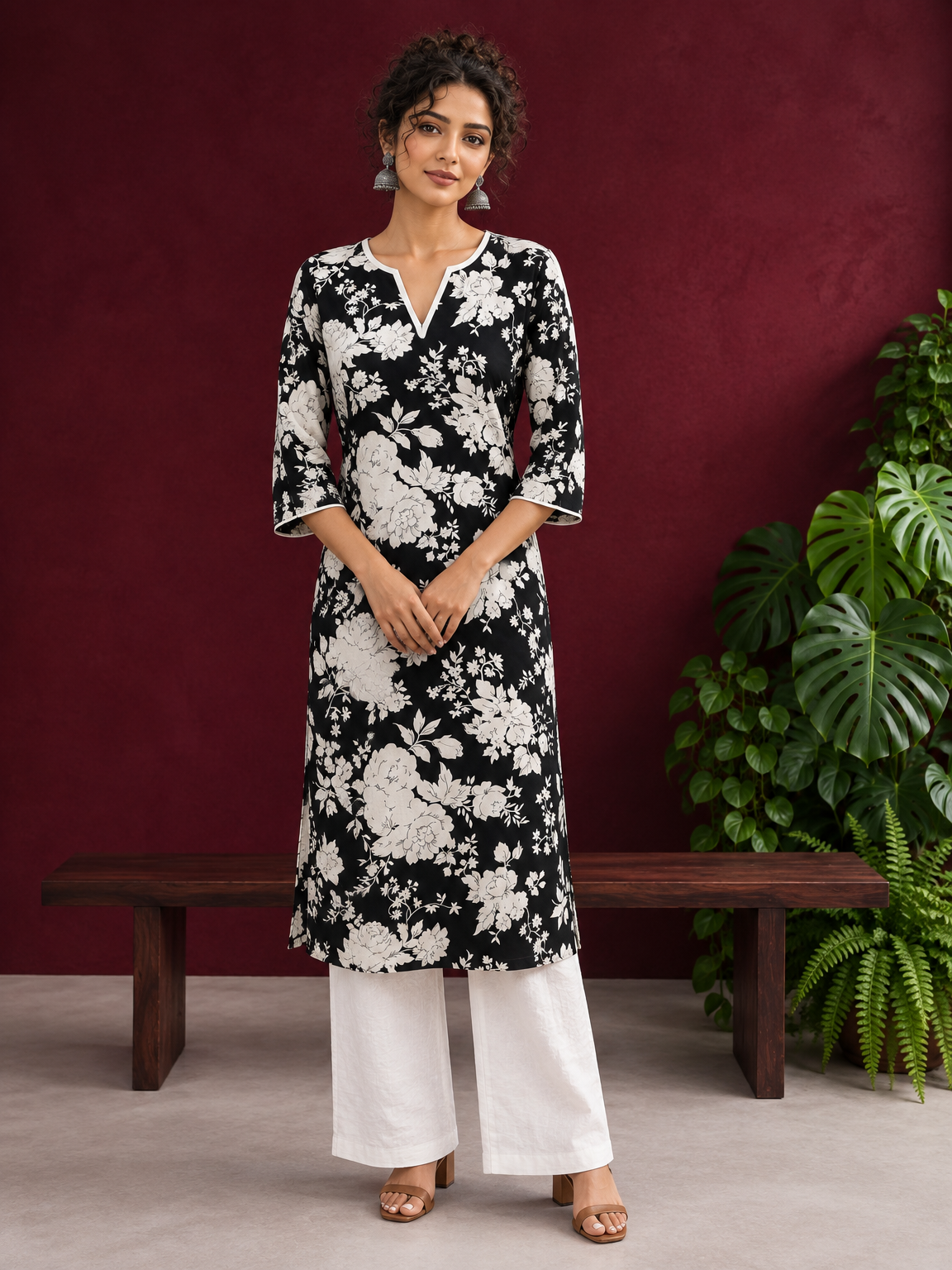 Classic Black Rayon Kurta with White Floral Print and Contrast Notched Neckline — front view