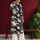 Classic Black Rayon Kurta with White Floral Print and Contrast Notched Neckline — back view