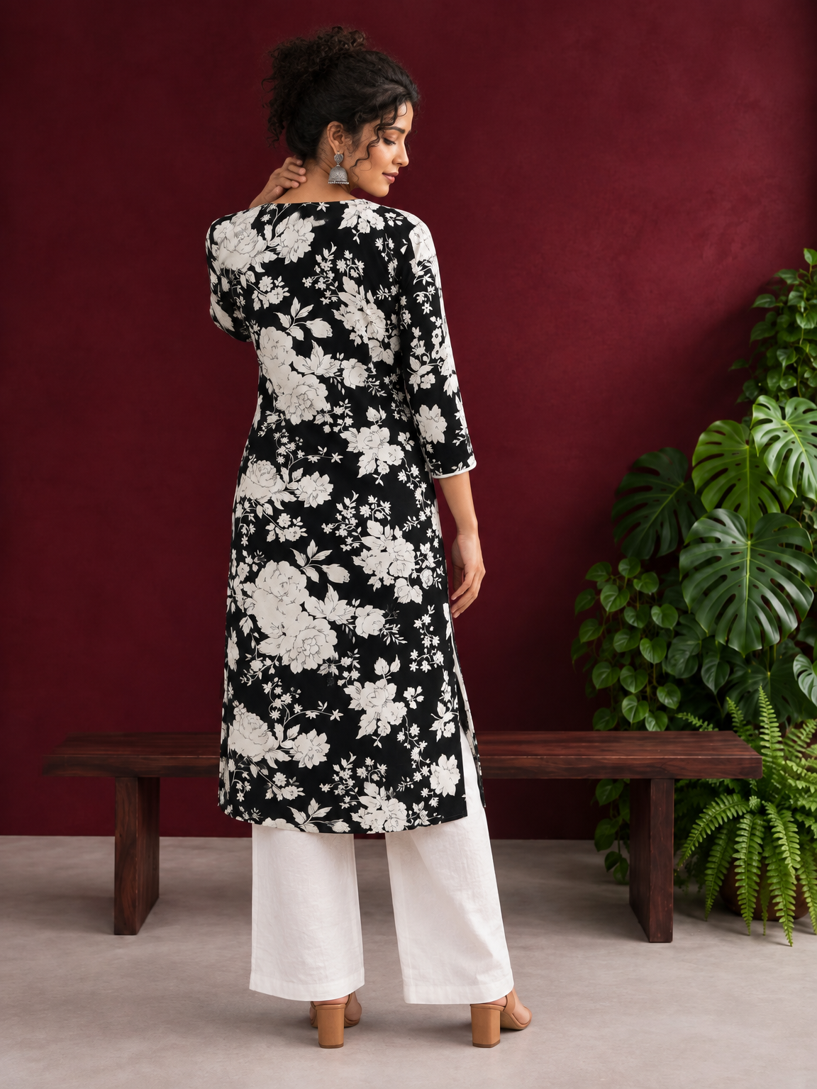 Classic Black Rayon Kurta with White Floral Print and Contrast Notched Neckline — back view