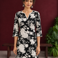 Classic Black Rayon Kurta with White Floral Print and Contrast Notched Neckline — styled view