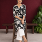 Classic Black Rayon Kurta with White Floral Print and Contrast Notched Neckline — seated