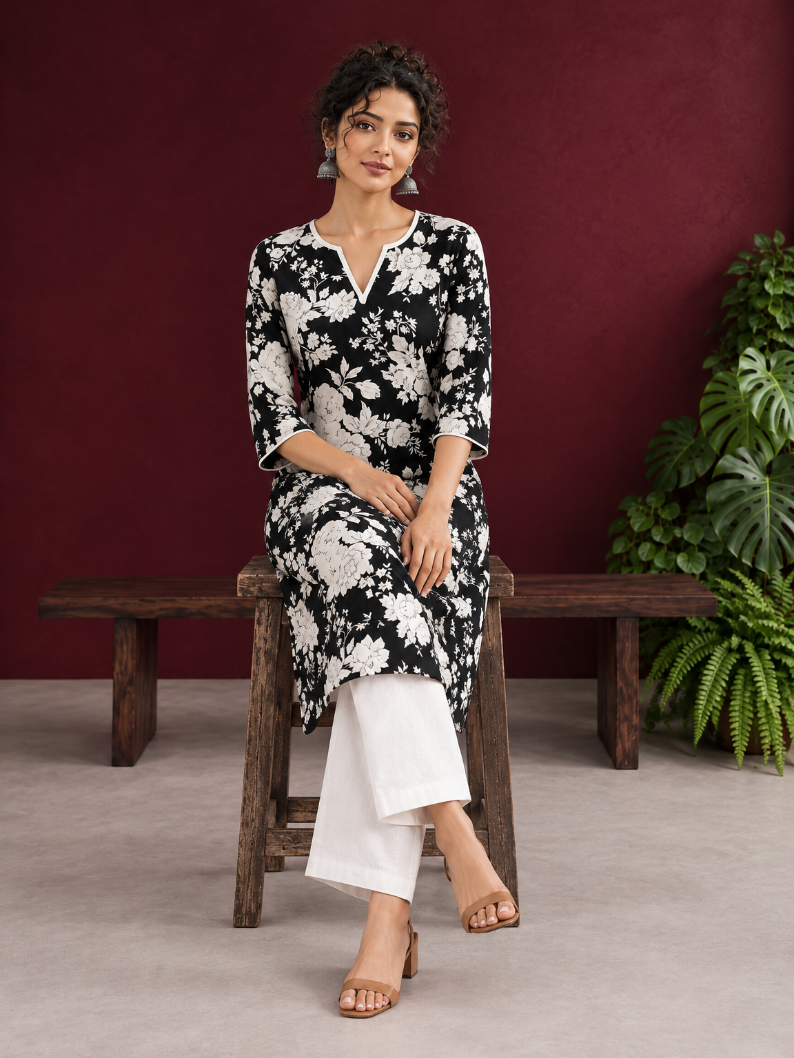 Classic Black Rayon Kurta with White Floral Print and Contrast Notched Neckline — seated