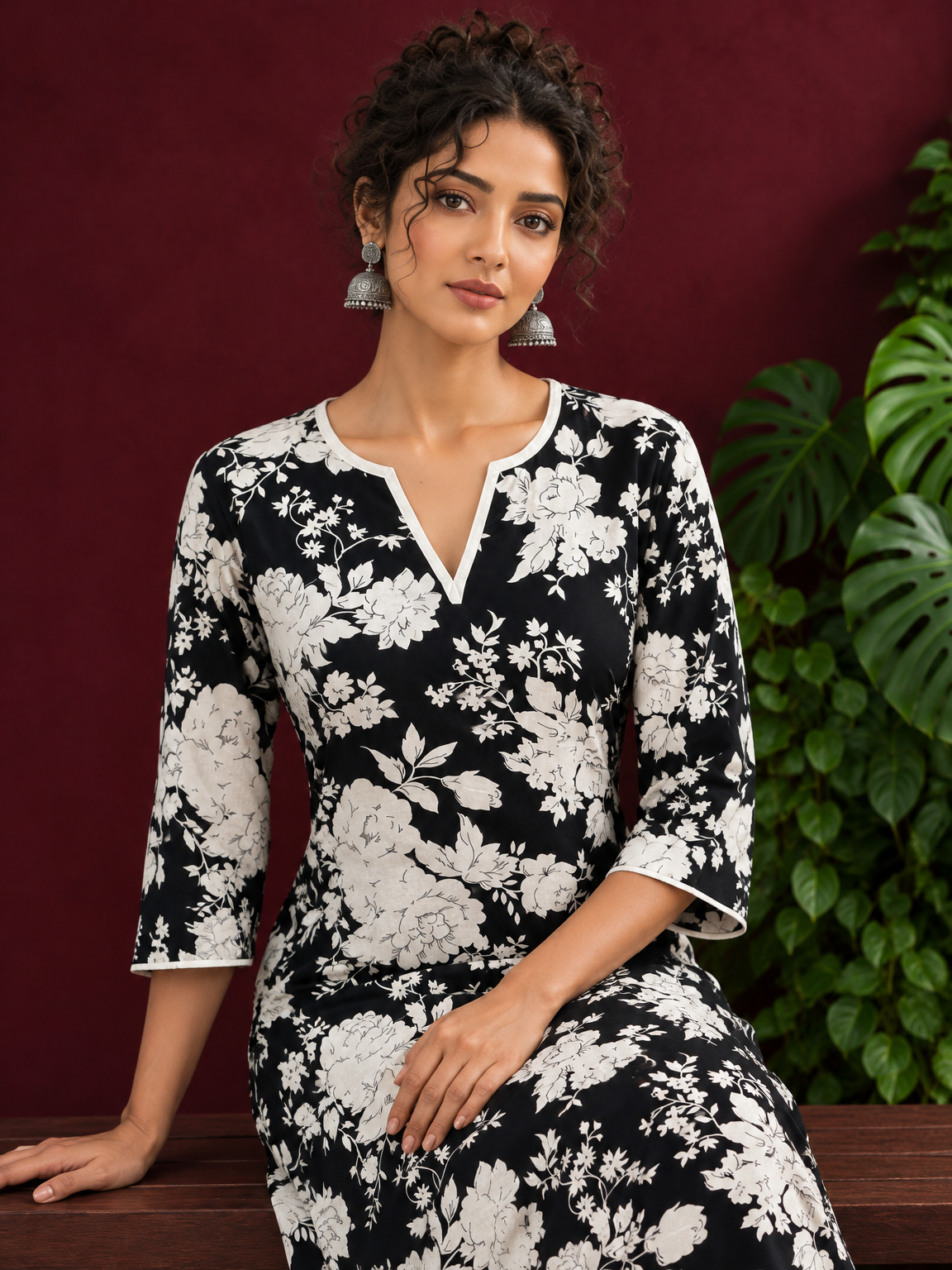 Classic Black Rayon Kurta with White Floral Print and Contrast Notched Neckline — seated detail