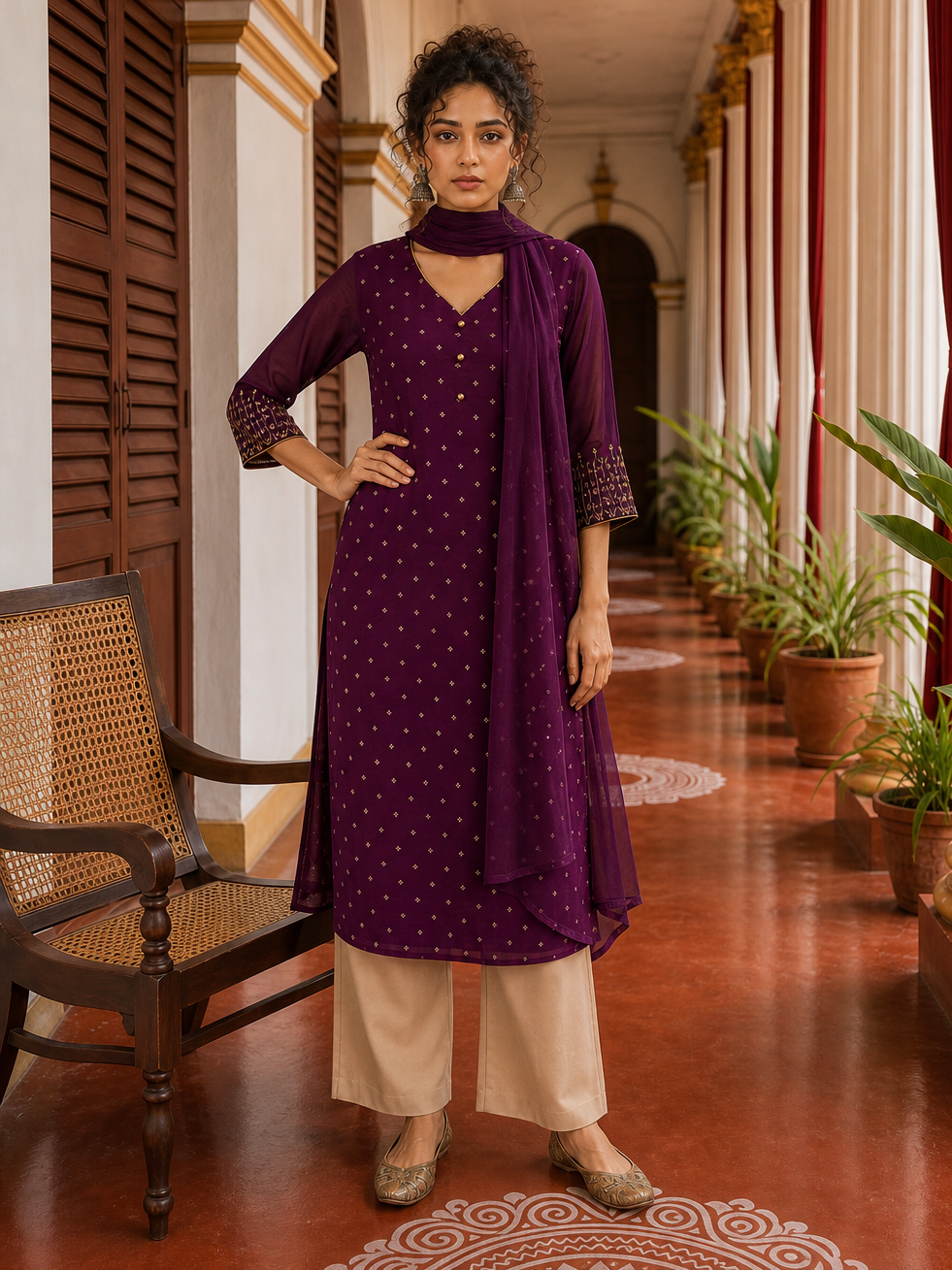 Elegant Purple Chanderi Kurta with Gold Foil Booti Print, hand embroidered Cuffs