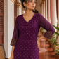 Elegant Purple Chanderi Kurta with Gold Foil Booti Print, hand embroidered Cuffs