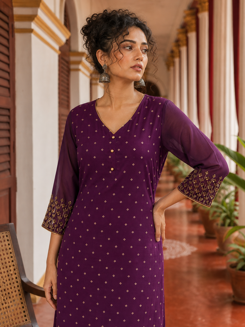Elegant Purple Chanderi Kurta with Gold Foil Booti Print, hand embroidered Cuffs