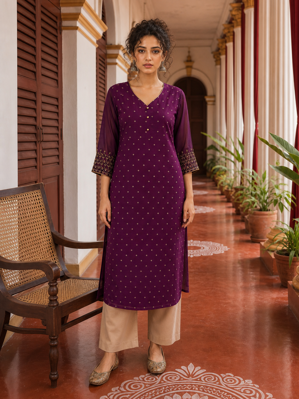 Elegant Purple Chanderi Kurta with Gold Foil Booti Print, hand embroidered Cuffs
