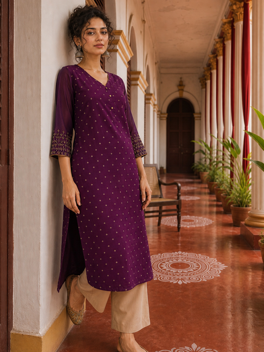 Kurta élégant en Chanderi violet avec imprimé motif booti en feuille d'or et poignets brodés à la main
