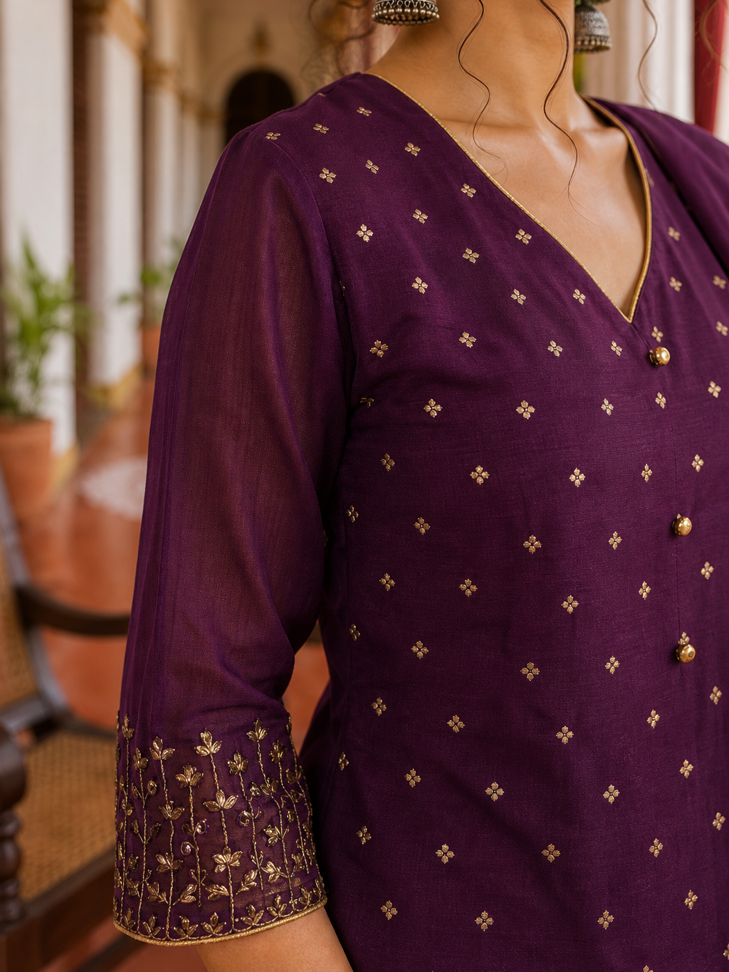 Elegant Purple Chanderi Kurta with Gold Foil Booti Print, hand embroidered Cuffs