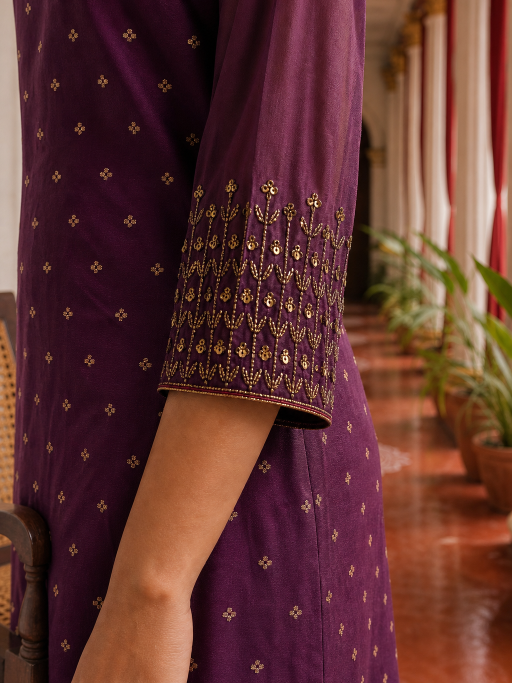 Elegant Purple Chanderi Kurta with Gold Foil Booti Print, hand embroidered Cuffs