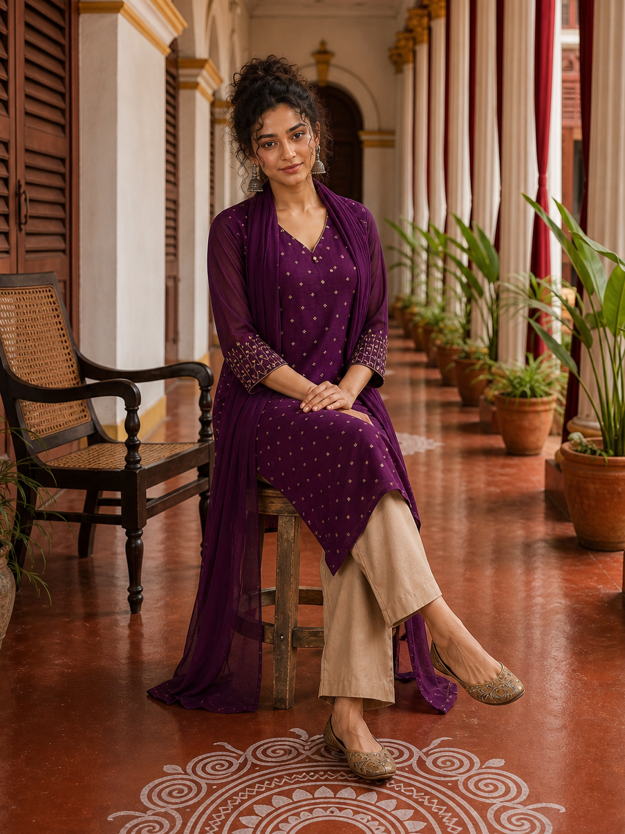 Elegant Purple Chanderi Kurta with Gold Foil Booti Print, hand embroidered Cuffs