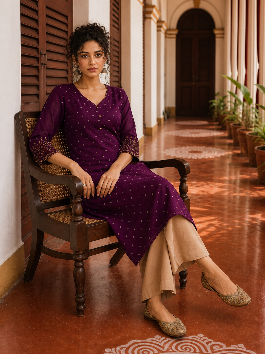 Elegant Purple Chanderi Kurta with Gold Foil Booti Print, hand embroidered Cuffs