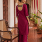 Elegant Magenta Textured Kurta with Black Gold Brocade V-Neck Panel & Contrast Sleeve Cuffs