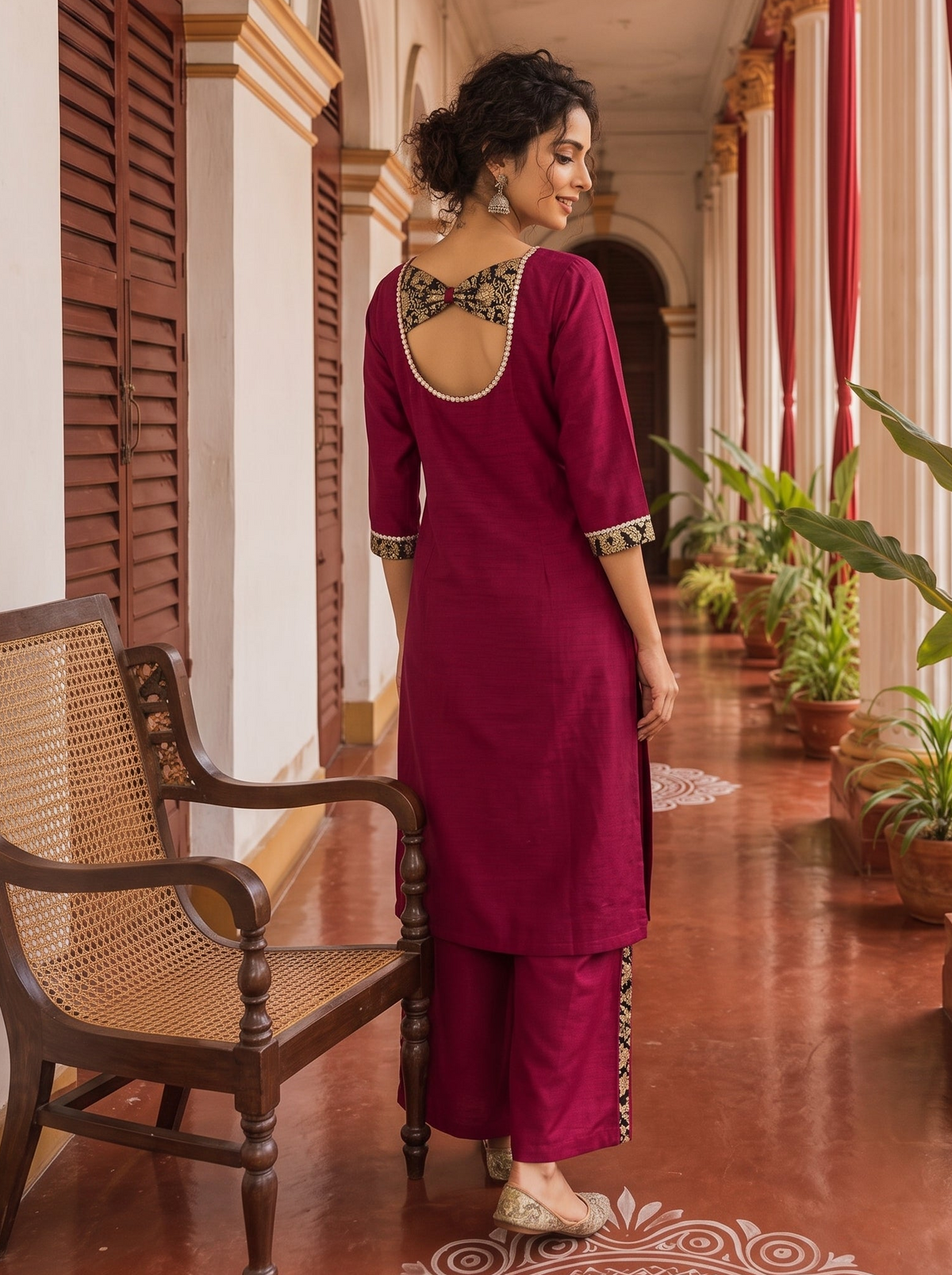 Elegant Magenta Textured Kurta with Black Gold Brocade V-Neck Panel & Contrast Sleeve Cuffs