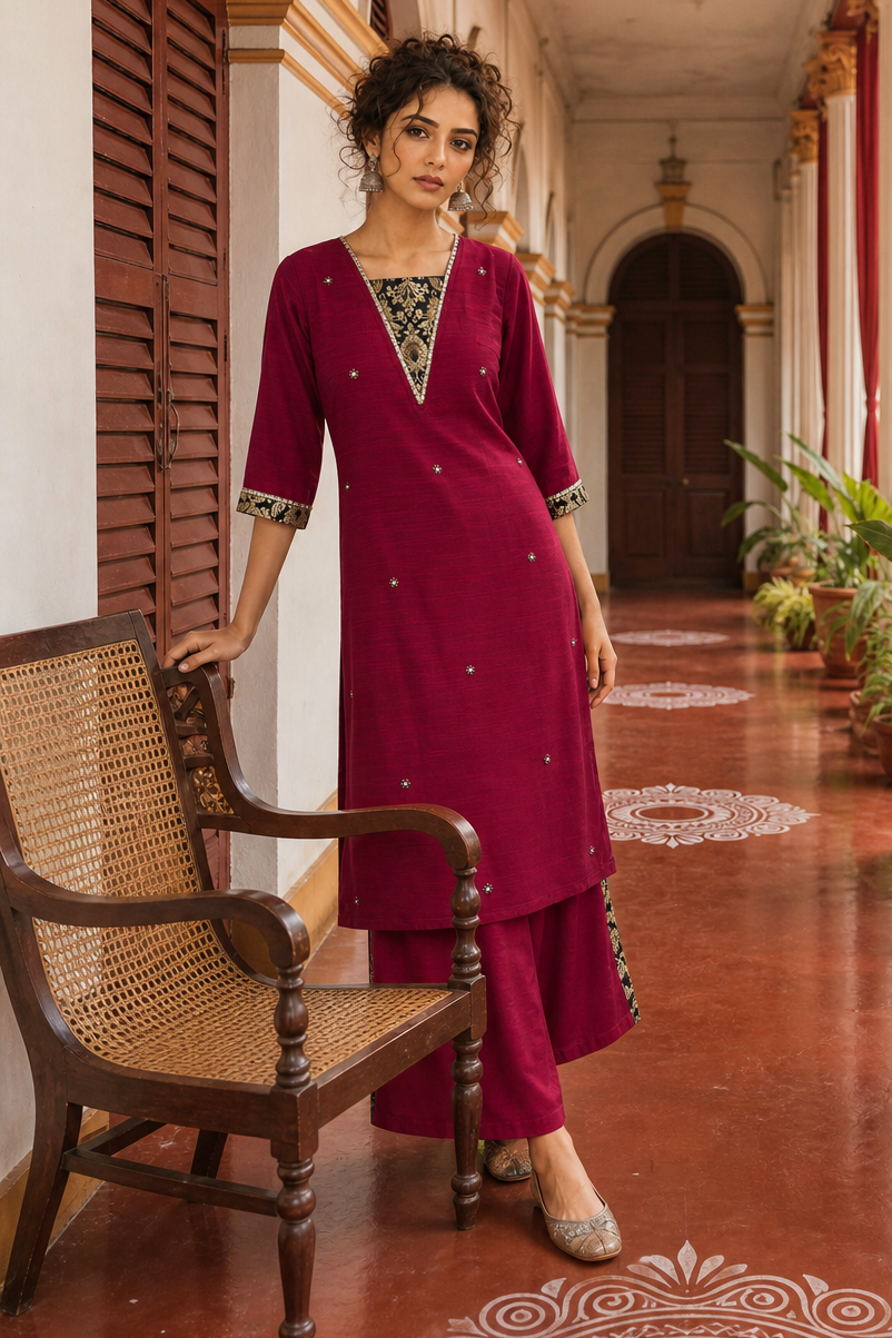Elegant Magenta Textured Kurta with Black Gold Brocade V-Neck Panel & Contrast Sleeve Cuffs