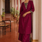 Elegant Magenta Textured Kurta with Black Gold Brocade V-Neck Panel & Contrast Sleeve Cuffs