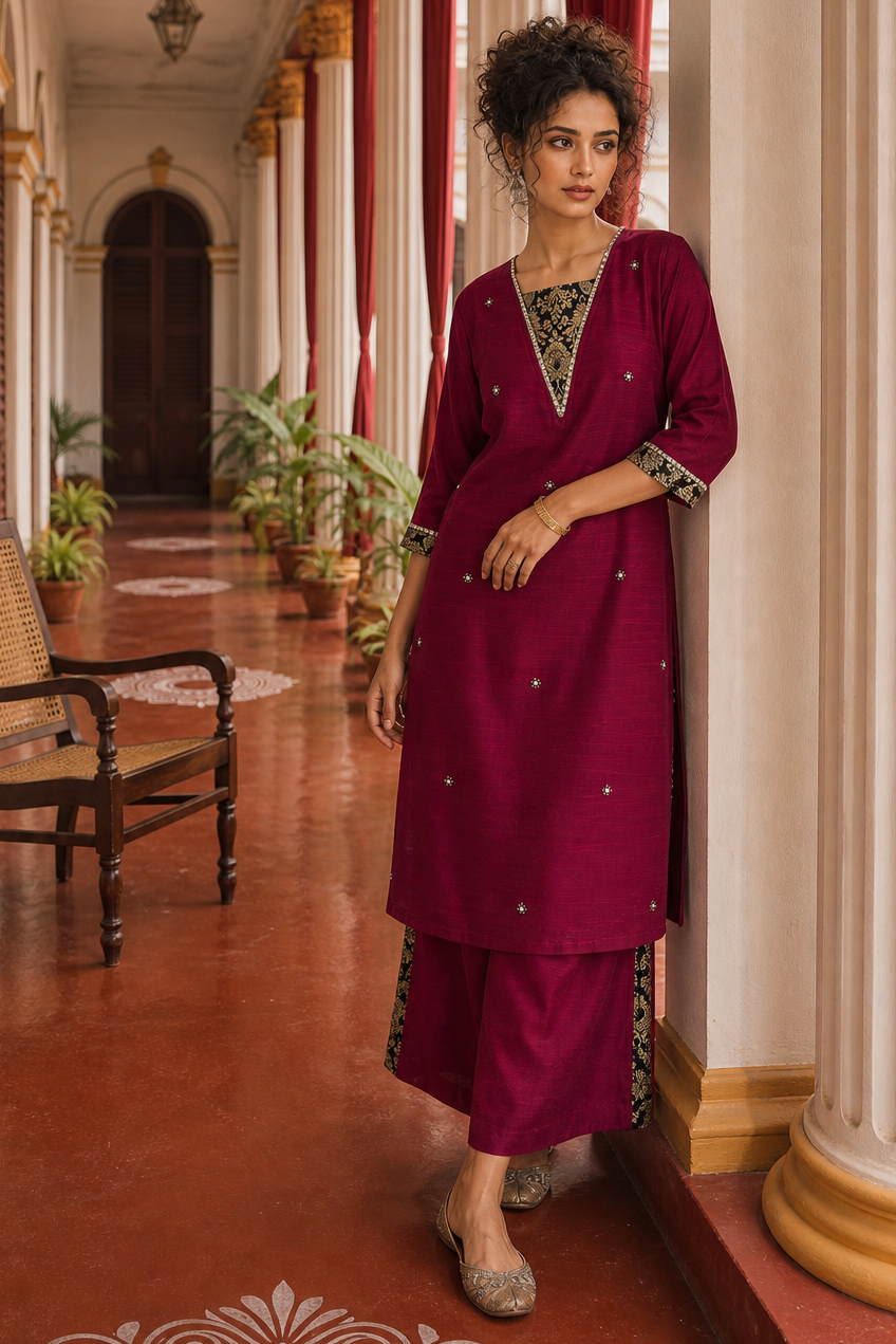 Elegant Magenta Textured Kurta with Black Gold Brocade V-Neck Panel & Contrast Sleeve Cuffs