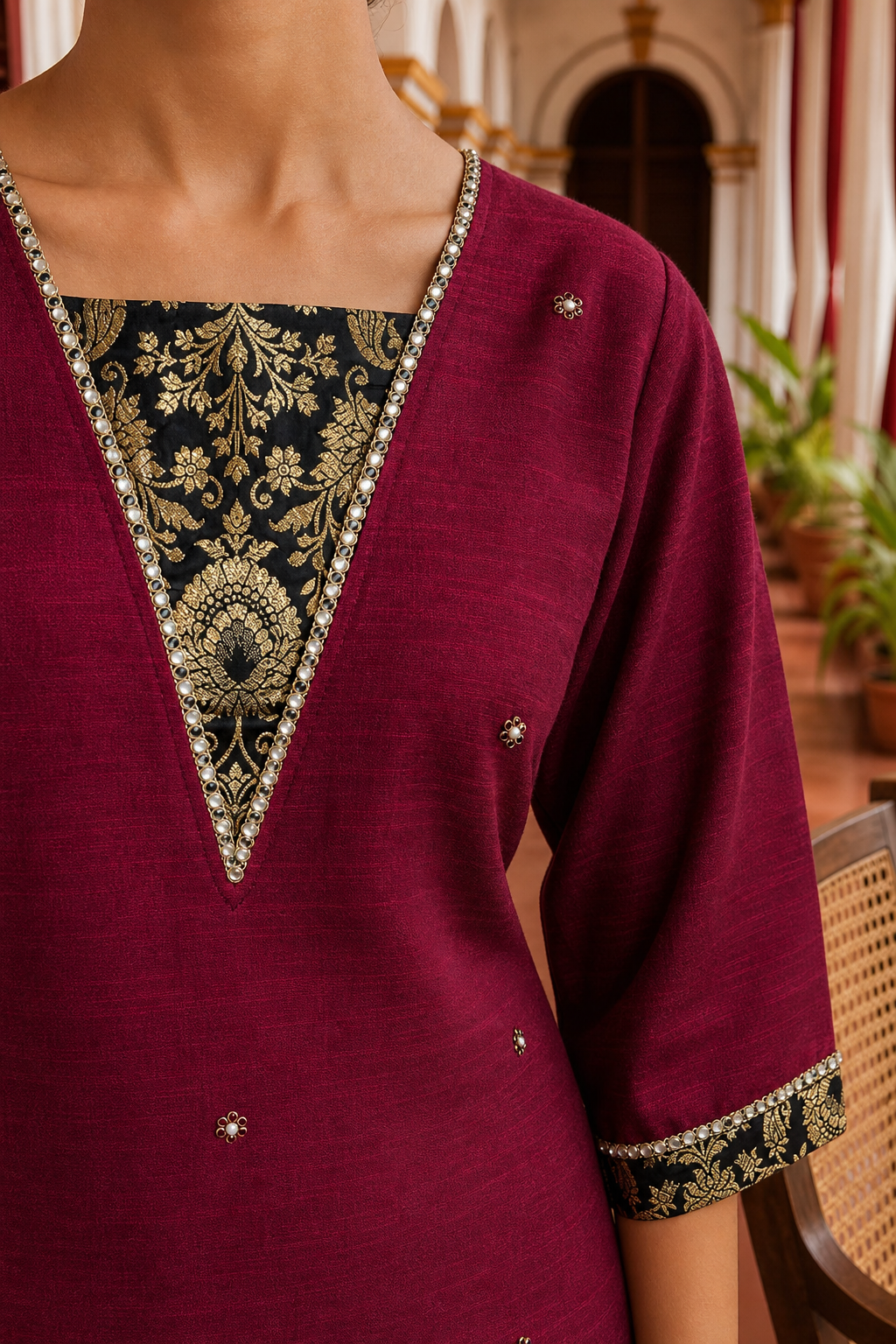Elegant Magenta Textured Kurta with Black Gold Brocade V-Neck Panel & Contrast Sleeve Cuffs