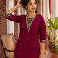 Elegant Magenta Textured Kurta with Black Gold Brocade V-Neck Panel & Contrast Sleeve Cuffs