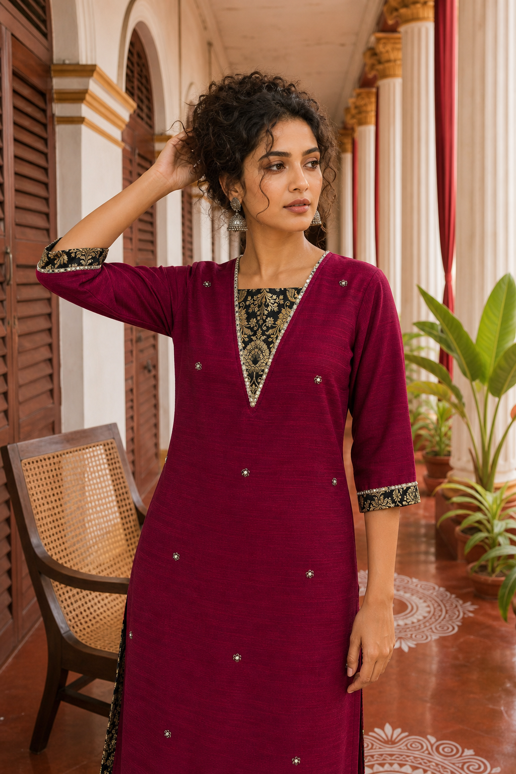 Elegant Magenta Textured Kurta with Black Gold Brocade V-Neck Panel & Contrast Sleeve Cuffs