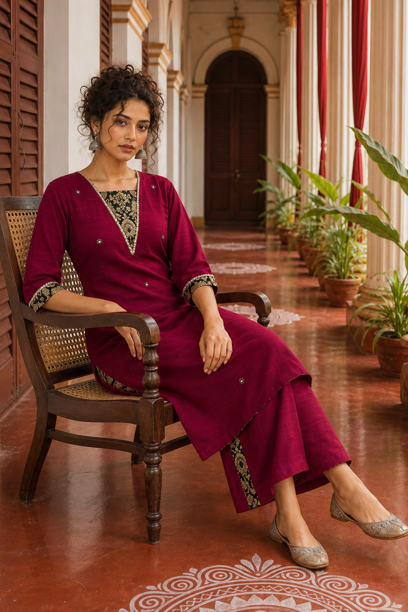 Elegant Magenta Textured Kurta with Black Gold Brocade V-Neck Panel & Contrast Sleeve Cuffs