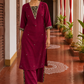 Elegant Magenta Textured Kurta with Black Gold Brocade V-Neck Panel & Contrast Sleeve Cuffs