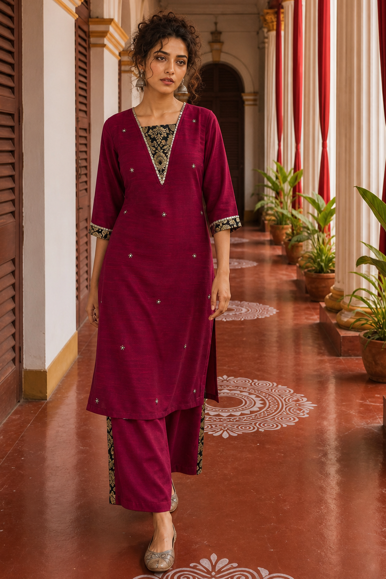 Elegant Magenta Textured Kurta with Black Gold Brocade V-Neck Panel & Contrast Sleeve Cuffs