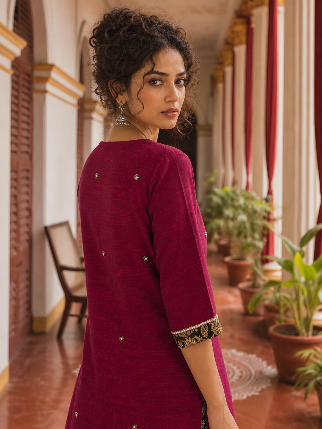 Elegant Magenta Textured Kurta with Black Gold Brocade V-Neck Panel & Contrast Sleeve Cuffs
