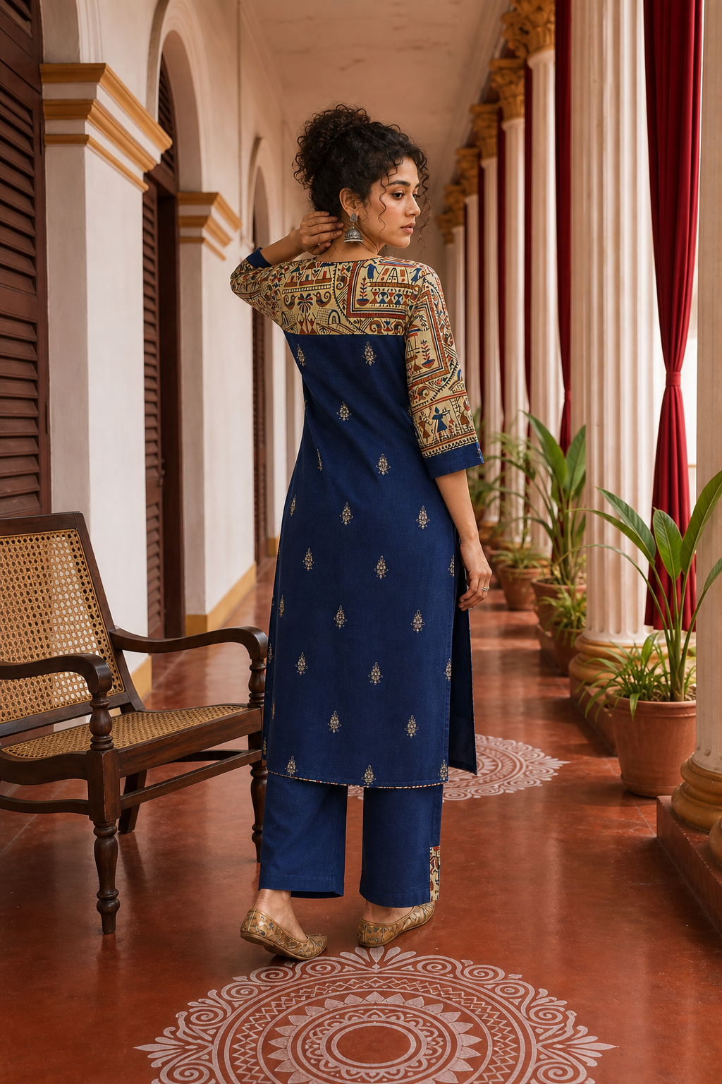 Elegant Navy Blue Cotton Kurta with Madhubani Print Yoke, Contrast Sleeves & Gold Embroidered Booti Detailing