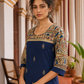 Elegant Navy Blue Cotton Kurta with Madhubani Print Yoke, Contrast Sleeves & Gold Embroidered Booti Detailing