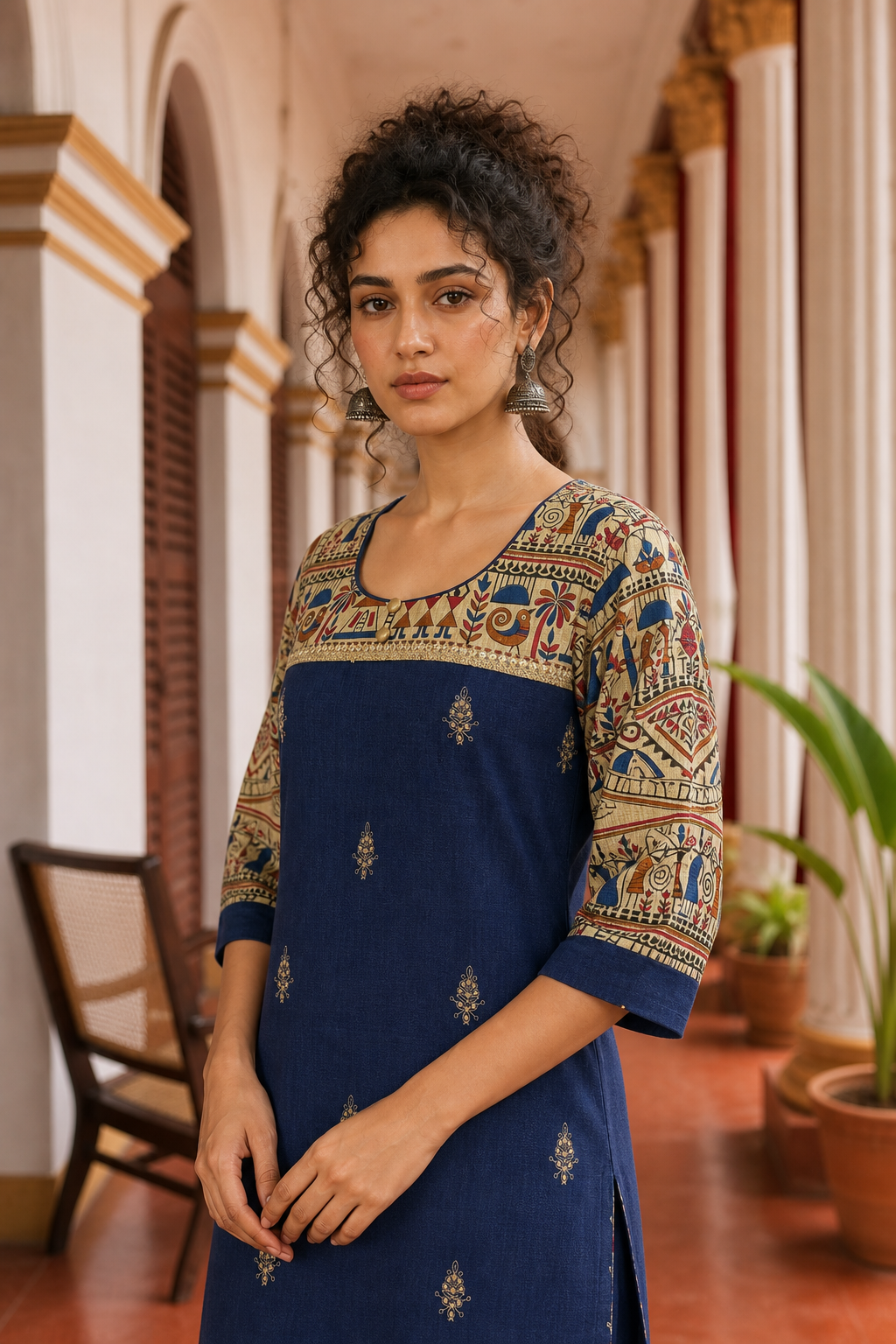 Elegant Navy Blue Cotton Kurta with Madhubani Print Yoke, Contrast Sleeves & Gold Embroidered Booti Detailing