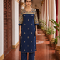 Elegant Navy Blue Cotton Kurta with Madhubani Print Yoke, Contrast Sleeves & Gold Embroidered Booti Detailing