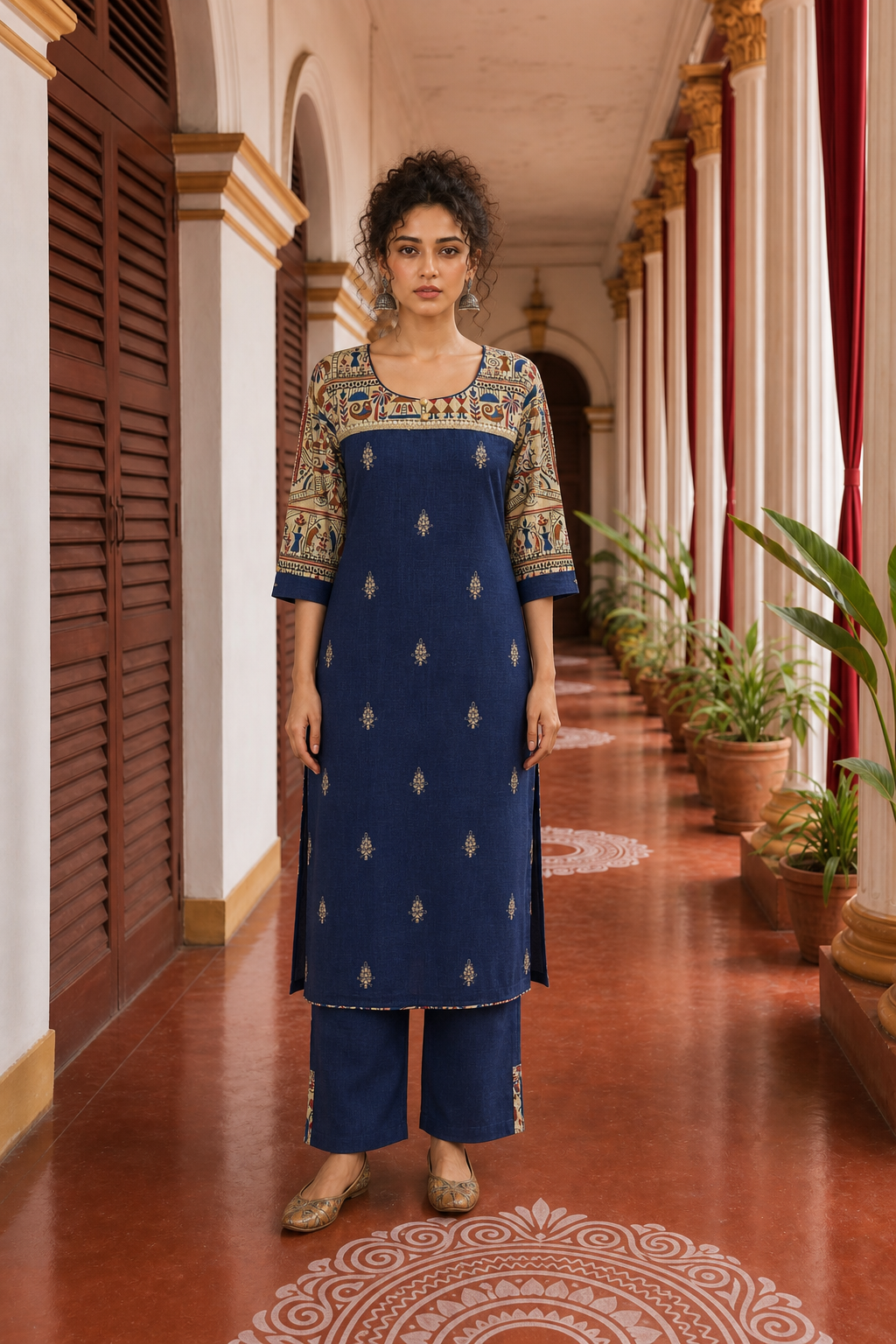 Elegant Navy Blue Cotton Kurta with Madhubani Print Yoke, Contrast Sleeves & Gold Embroidered Booti Detailing