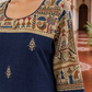 Elegant Navy Blue Cotton Kurta with Madhubani Print Yoke, Contrast Sleeves & Gold Embroidered Booti Detailing