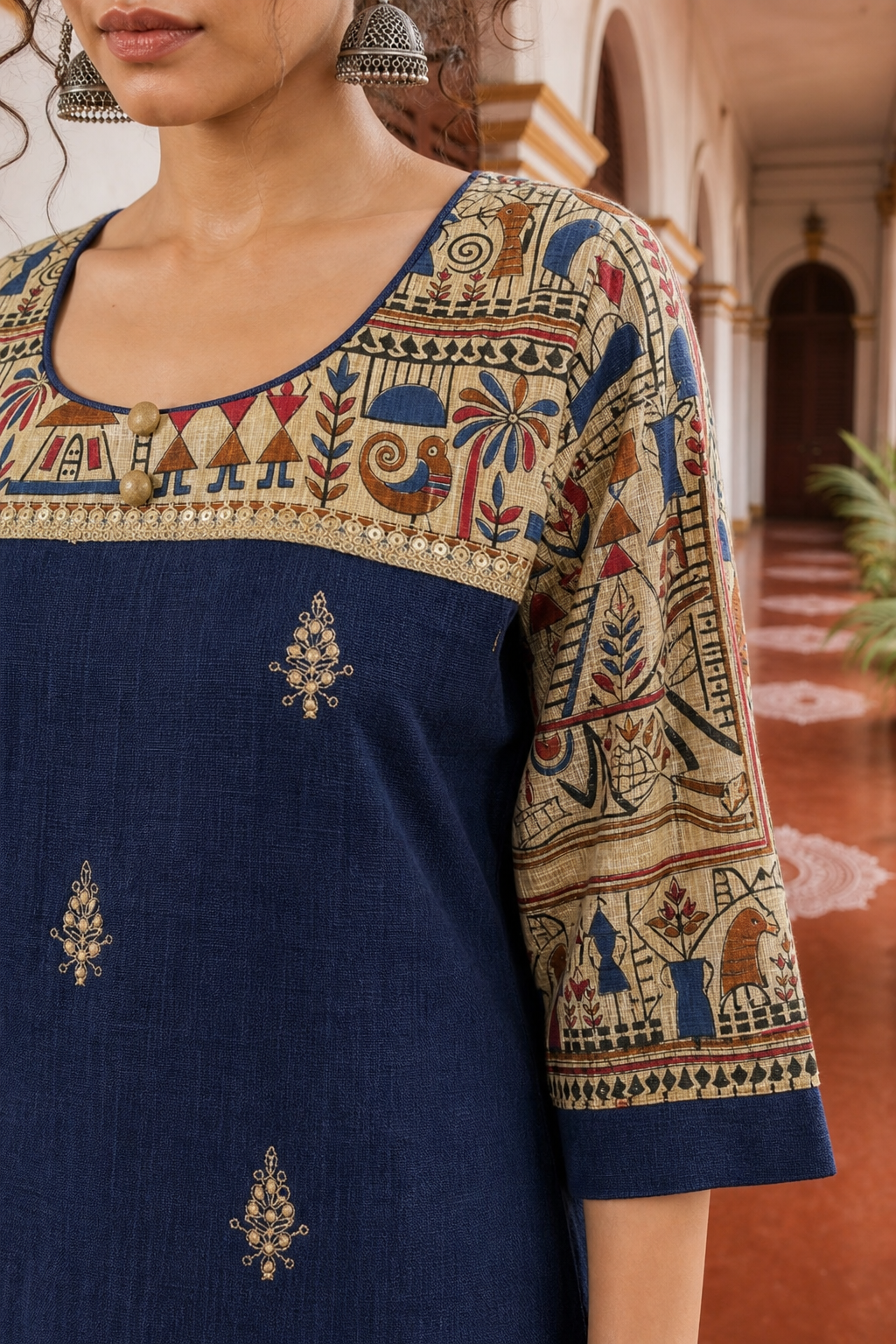 Elegant Navy Blue Cotton Kurta with Madhubani Print Yoke, Contrast Sleeves & Gold Embroidered Booti Detailing