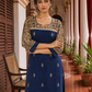 Elegant Navy Blue Cotton Kurta with Madhubani Print Yoke, Contrast Sleeves & Gold Embroidered Booti Detailing