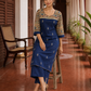 Elegant Navy Blue Cotton Kurta with Madhubani Print Yoke, Contrast Sleeves & Gold Embroidered Booti Detailing