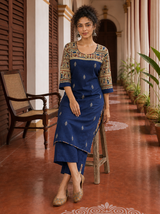 Kurta élégant en coton bleu marine avec empiècement à imprimé Madhubani, manches contrastées et détails en broderie dorée façon booti