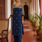 Elegant Navy Blue Cotton Kurta with Madhubani Print Yoke, Contrast Sleeves & Gold Embroidered Booti Detailing
