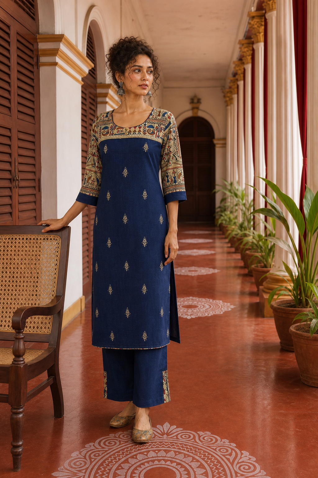 Elegant Navy Blue Cotton Kurta with Madhubani Print Yoke, Contrast Sleeves & Gold Embroidered Booti Detailing