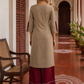 Elegant Beige Cotton Kurta with Maroon Embroidered Yoke, Gold Buttons & Coordinated Palazzo
