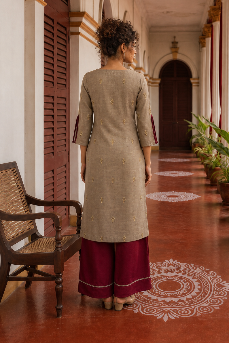Elegant Beige Cotton Kurta with Maroon Embroidered Yoke, Gold Buttons & Coordinated Palazzo