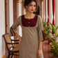 Elegant Beige Cotton Kurta with Maroon Embroidered Yoke, Gold Buttons & Coordinated Palazzo